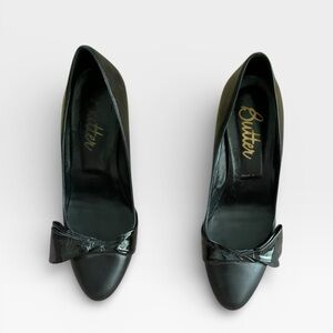 Butter Black Patent Bow Heel Pumps